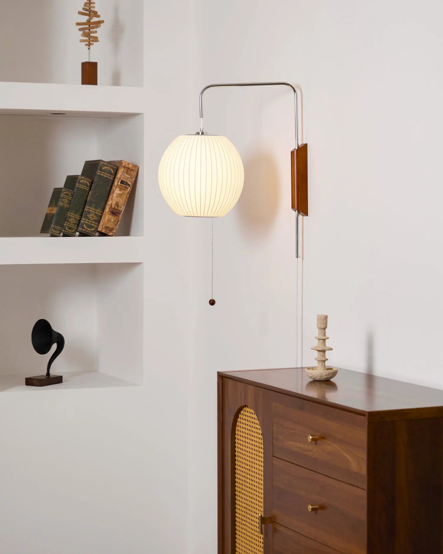Silk Shade Flying Saucer Wall Sconce — Mid-Century Modern LED Wall Lamp with Swing Arm for Bedroom, Living Room, Study and Reading Nook, Walnut and Chrome Accent Erbstuk