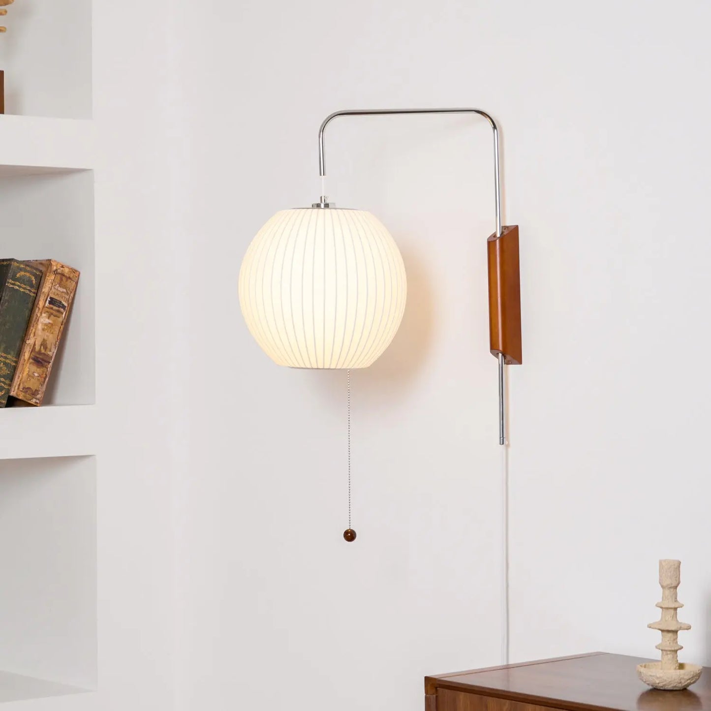 Silk Shade Flying Saucer Wall Sconce — Mid-Century Modern LED Wall Lamp with Swing Arm for Bedroom, Living Room, Study and Reading Nook, Walnut and Chrome Accent Erbstuk