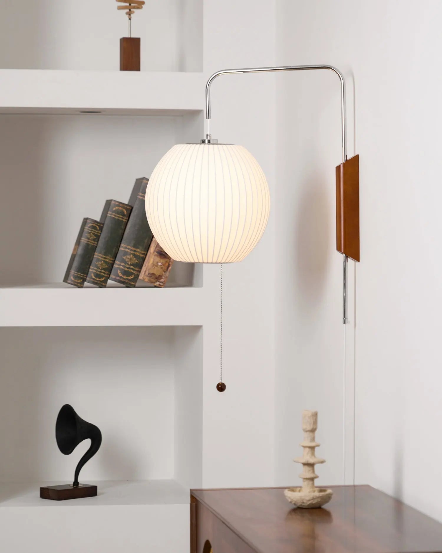 Silk Shade Flying Saucer Wall Sconce — Mid-Century Modern LED Wall Lamp with Swing Arm for Bedroom, Living Room, Study and Reading Nook, Walnut and Chrome Accent Erbstuk