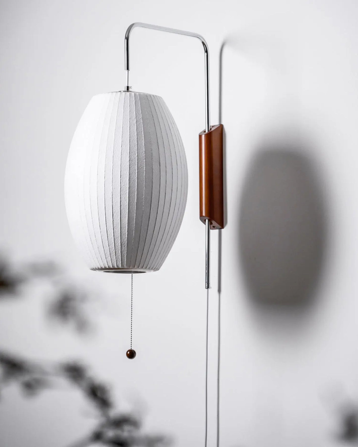 Silk Shade Flying Saucer Wall Sconce — Mid-Century Modern LED Wall Lamp with Swing Arm for Bedroom, Living Room, Study and Reading Nook, Walnut and Chrome Accent Erbstuk