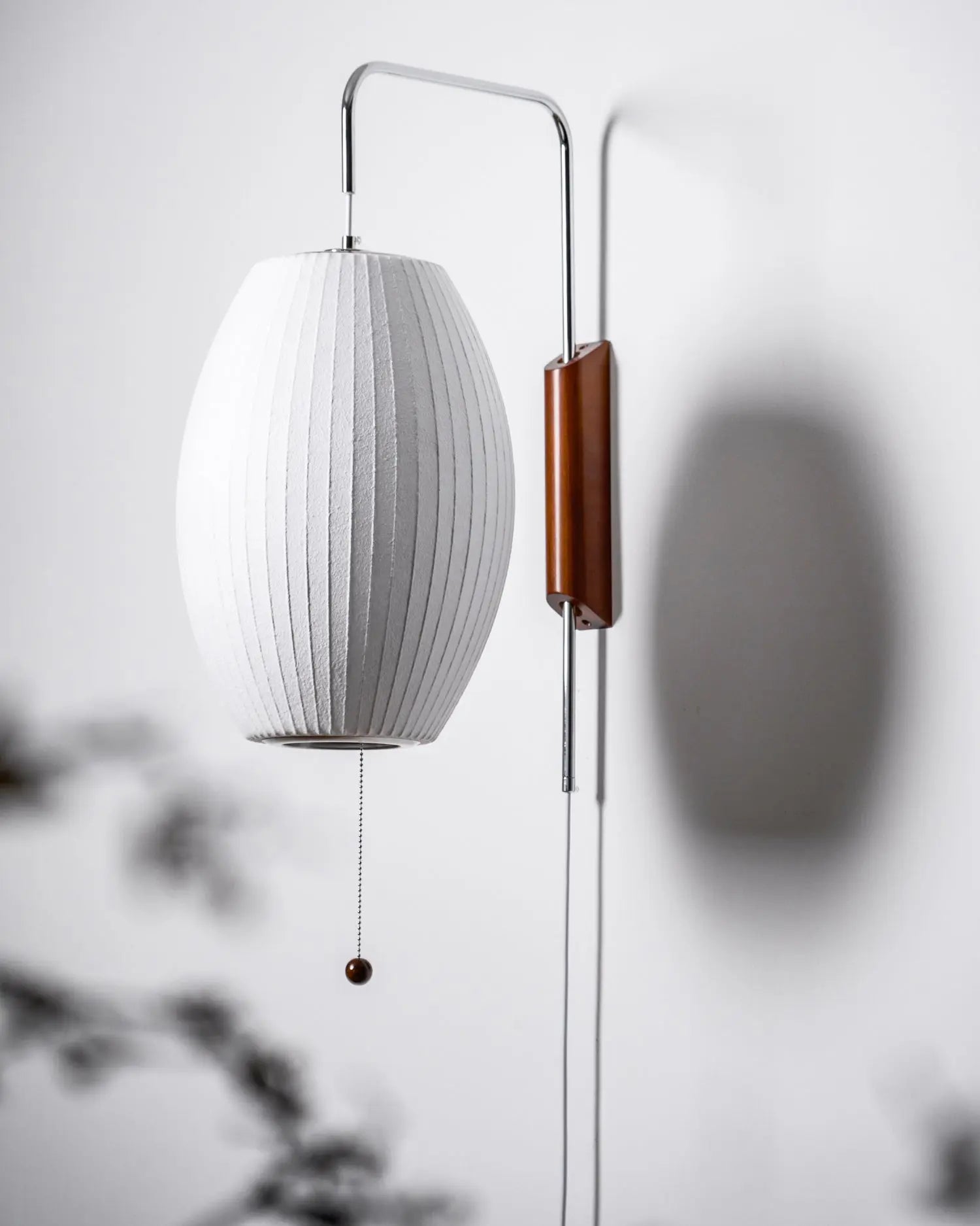 Silk Shade Flying Saucer Wall Sconce — Mid-Century Modern LED Wall Lamp with Swing Arm for Bedroom, Living Room, Study and Reading Nook, Walnut and Chrome Accent Erbstuk