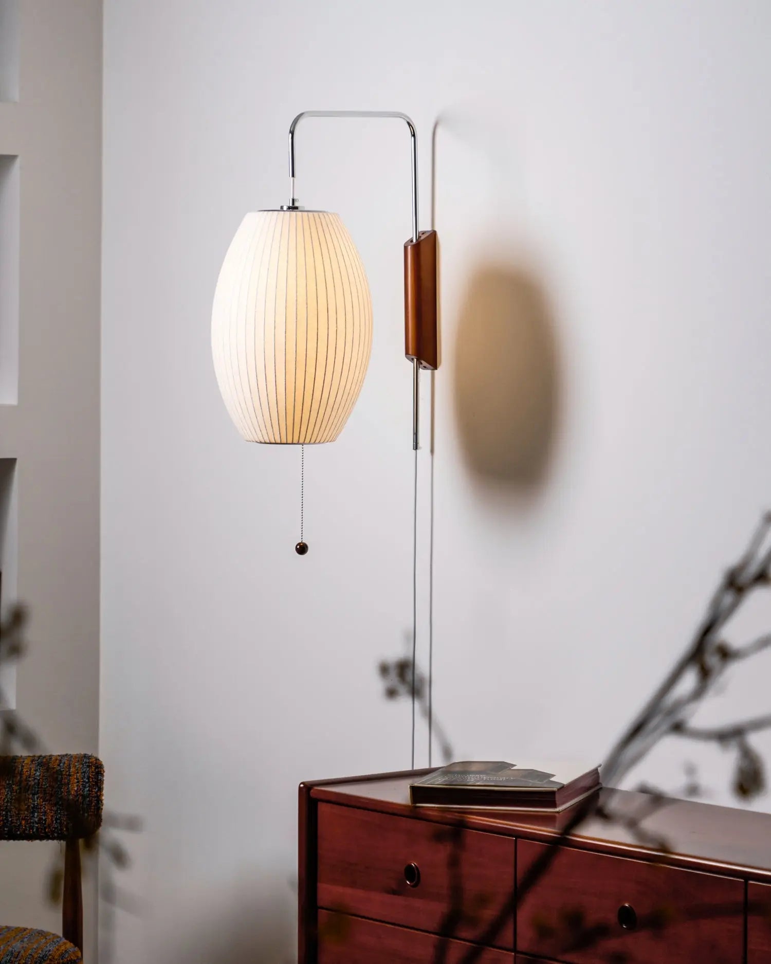 Silk Shade Flying Saucer Wall Sconce — Mid-Century Modern LED Wall Lamp with Swing Arm for Bedroom, Living Room, Study and Reading Nook, Walnut and Chrome Accent Erbstuk