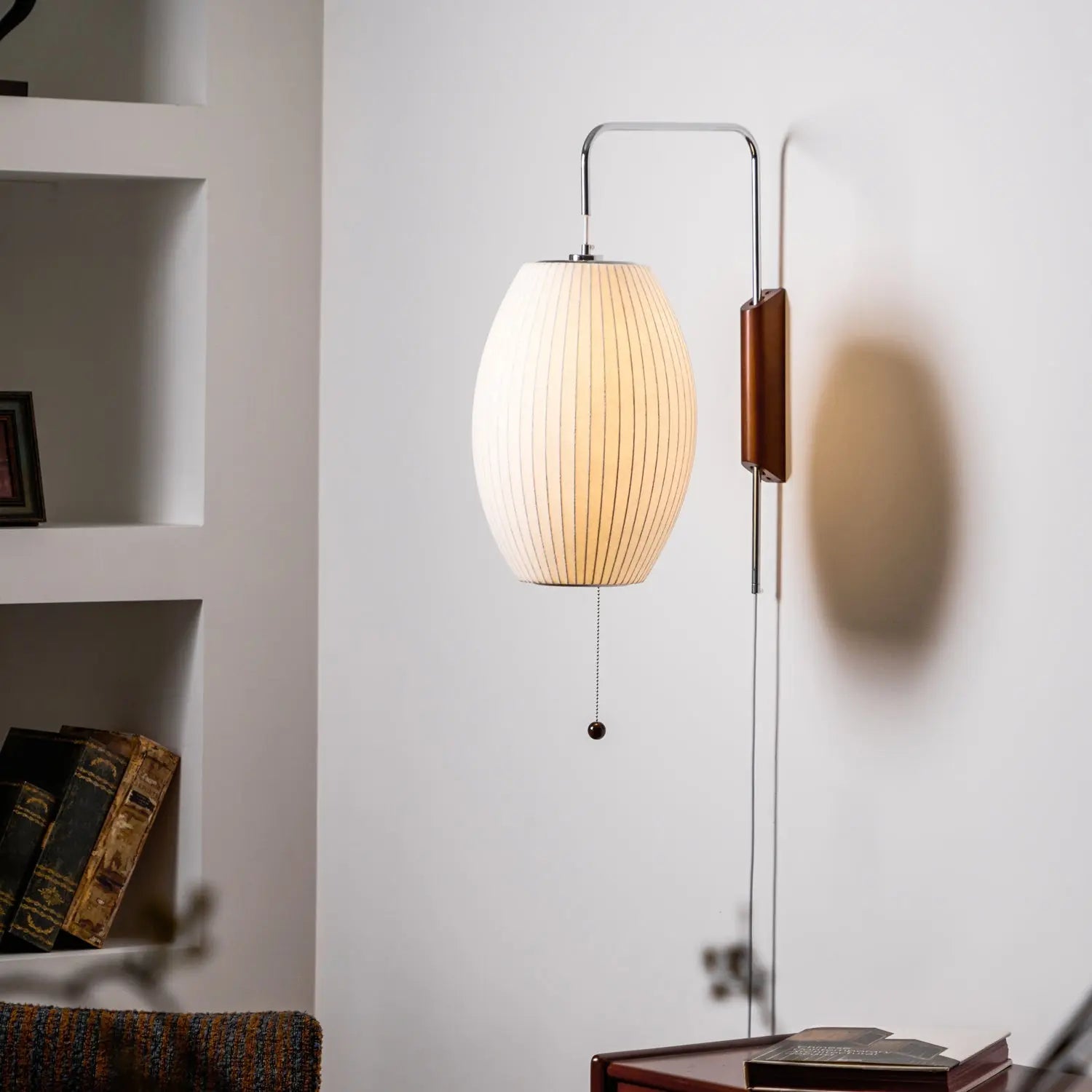 Silk Shade Flying Saucer Wall Sconce — Mid-Century Modern LED Wall Lamp with Swing Arm for Bedroom, Living Room, Study and Reading Nook, Walnut and Chrome Accent Erbstuk