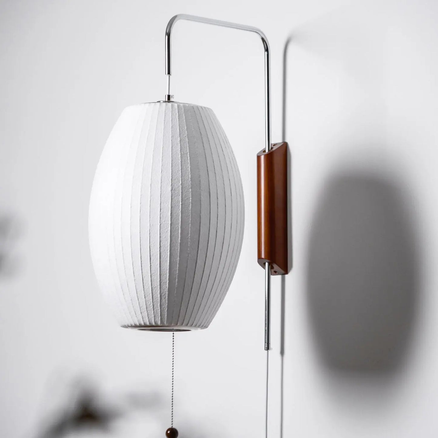Silk Shade Flying Saucer Wall Sconce — Mid-Century Modern LED Wall Lamp with Swing Arm for Bedroom, Living Room, Study and Reading Nook, Walnut and Chrome Accent Erbstuk