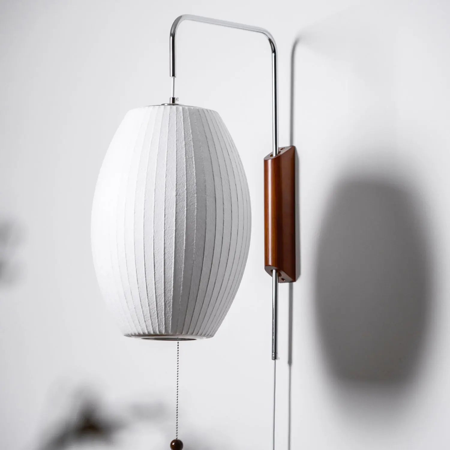 Silk Shade Flying Saucer Wall Sconce — Mid-Century Modern LED Wall Lamp with Swing Arm for Bedroom, Living Room, Study and Reading Nook, Walnut and Chrome Accent Erbstuk