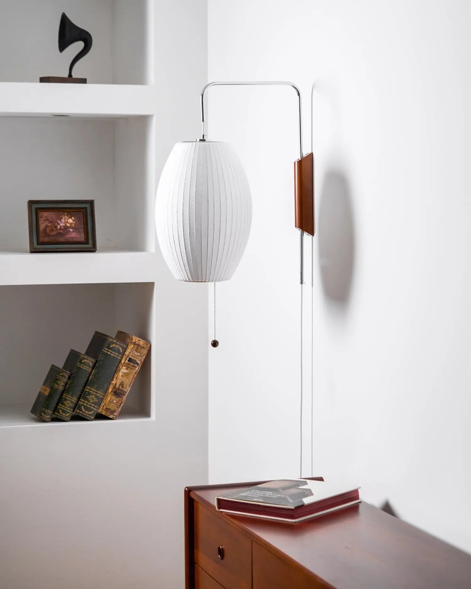 Silk Shade Flying Saucer Wall Sconce — Mid-Century Modern LED Wall Lamp with Swing Arm for Bedroom, Living Room, Study and Reading Nook, Walnut and Chrome Accent Erbstuk
