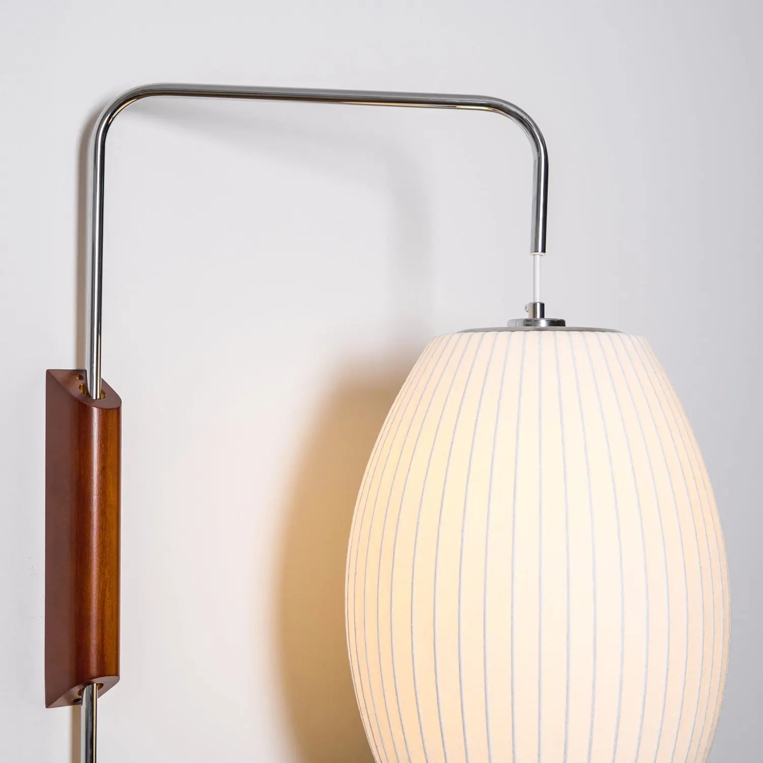 Silk Shade Flying Saucer Wall Sconce — Mid-Century Modern LED Wall Lamp with Swing Arm for Bedroom, Living Room, Study and Reading Nook, Walnut and Chrome Accent Erbstuk