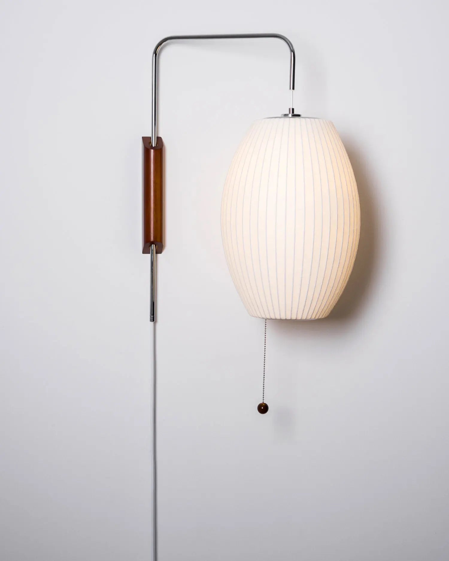 Silk Shade Flying Saucer Wall Sconce — Mid-Century Modern LED Wall Lamp with Swing Arm for Bedroom, Living Room, Study and Reading Nook, Walnut and Chrome Accent Erbstuk