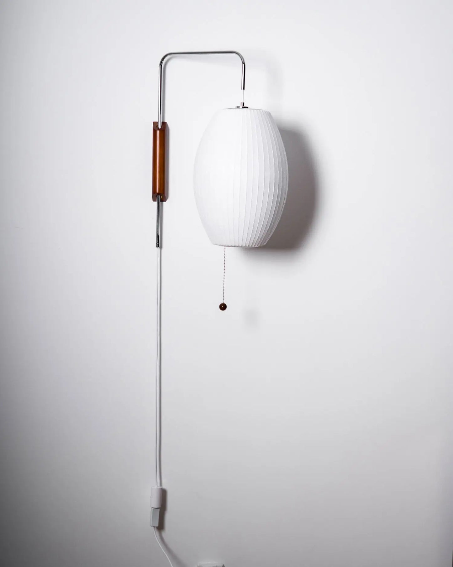 Silk Shade Flying Saucer Wall Sconce — Mid-Century Modern LED Wall Lamp with Swing Arm for Bedroom, Living Room, Study and Reading Nook, Walnut and Chrome Accent Erbstuk
