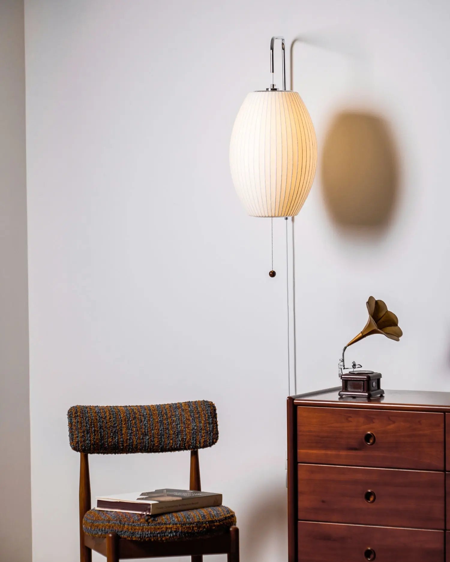 Silk Shade Flying Saucer Wall Sconce — Mid-Century Modern LED Wall Lamp with Swing Arm for Bedroom, Living Room, Study and Reading Nook, Walnut and Chrome Accent Erbstuk