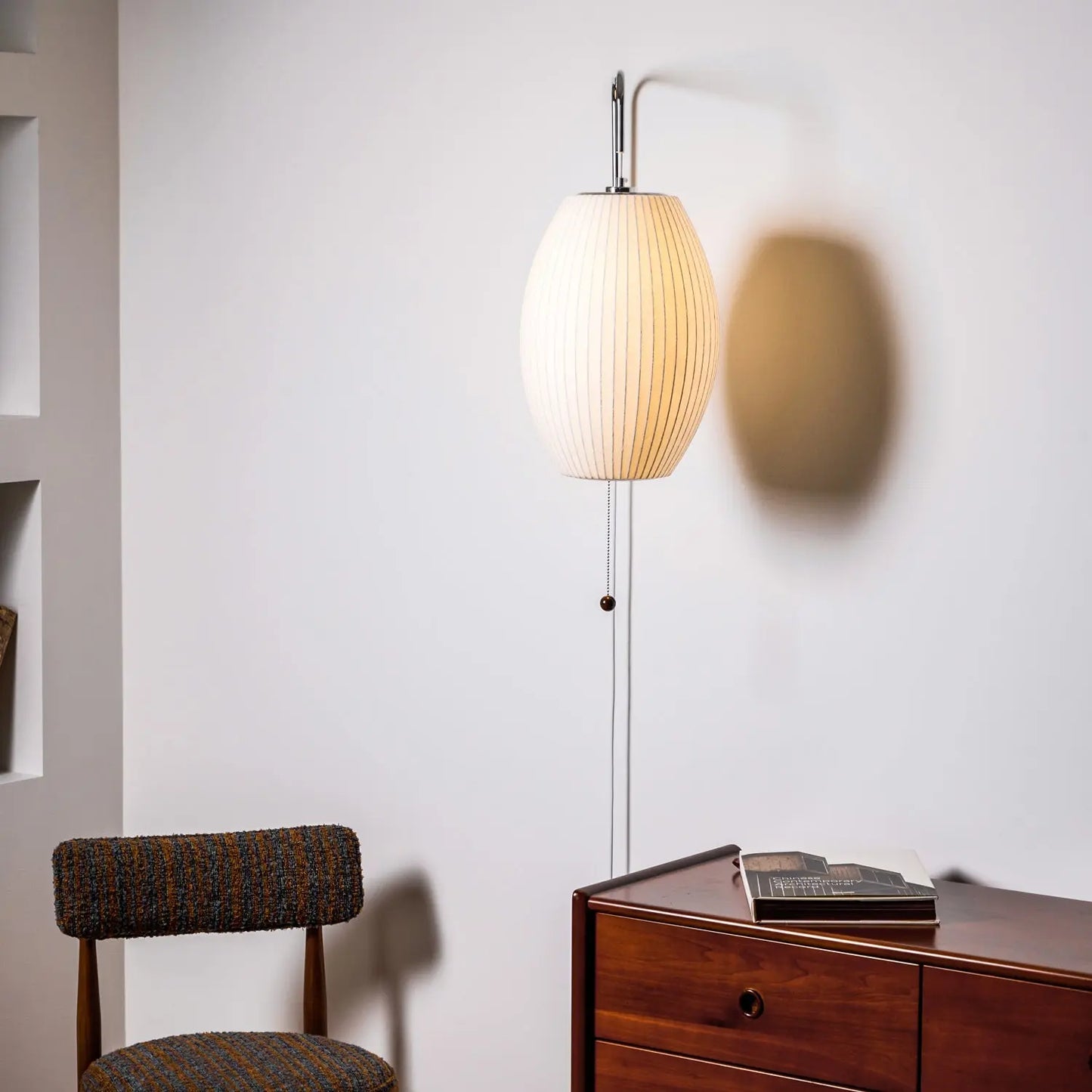Silk Shade Flying Saucer Wall Sconce — Mid-Century Modern LED Wall Lamp with Swing Arm for Bedroom, Living Room, Study and Reading Nook, Walnut and Chrome Accent Erbstuk