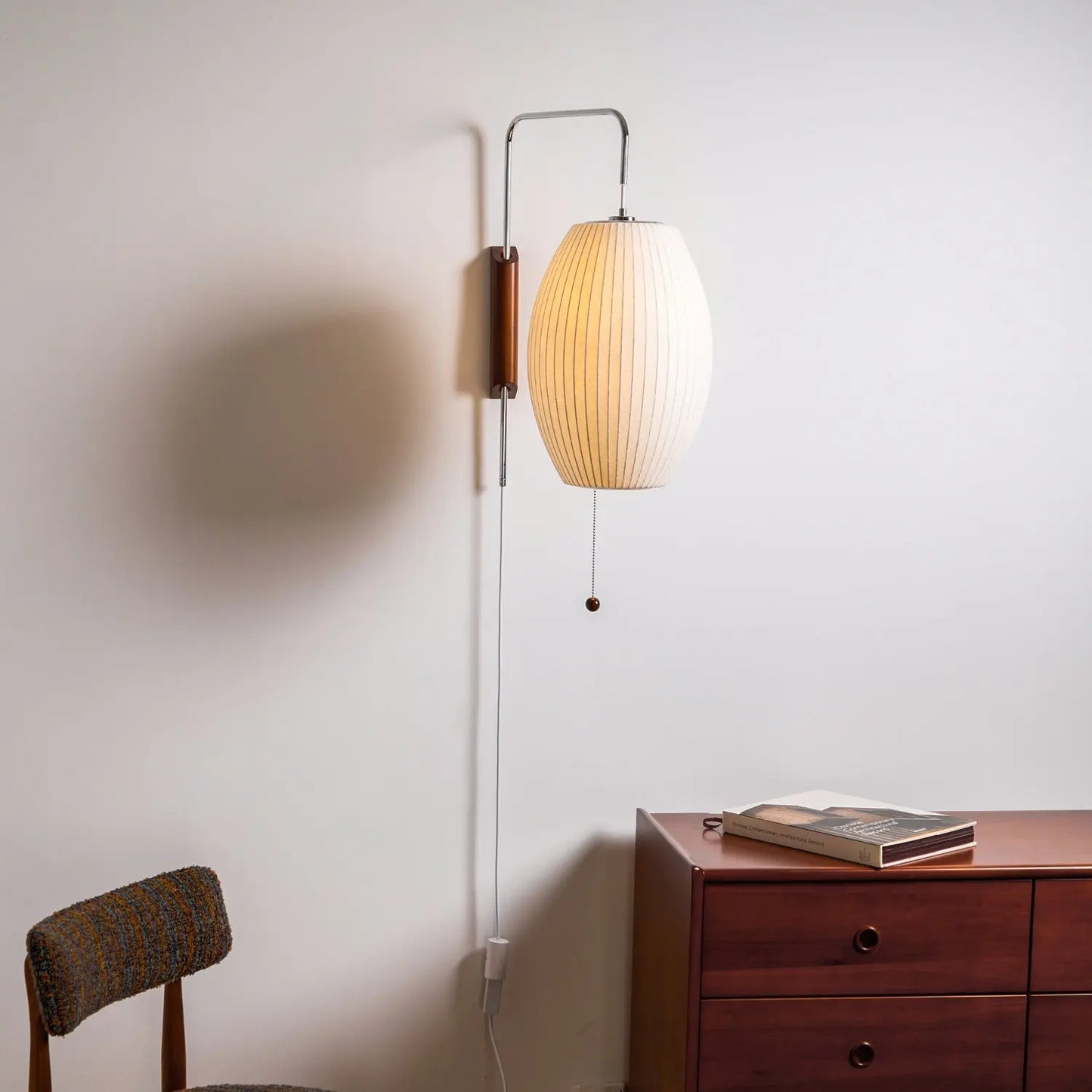 Silk Shade Flying Saucer Wall Sconce — Mid-Century Modern LED Wall Lamp with Swing Arm for Bedroom, Living Room, Study and Reading Nook, Walnut and Chrome Accent Erbstuk
