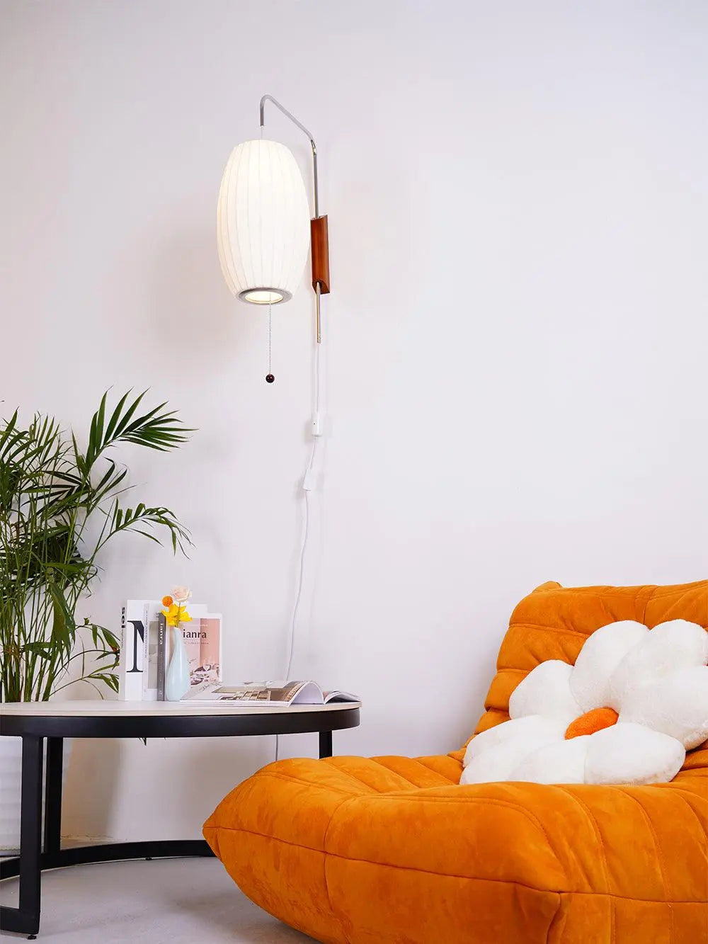 Silk Shade Flying Saucer Wall Sconce — Mid-Century Modern LED Wall Lamp with Swing Arm for Bedroom, Living Room, Study and Reading Nook, Walnut and Chrome Accent Erbstuk