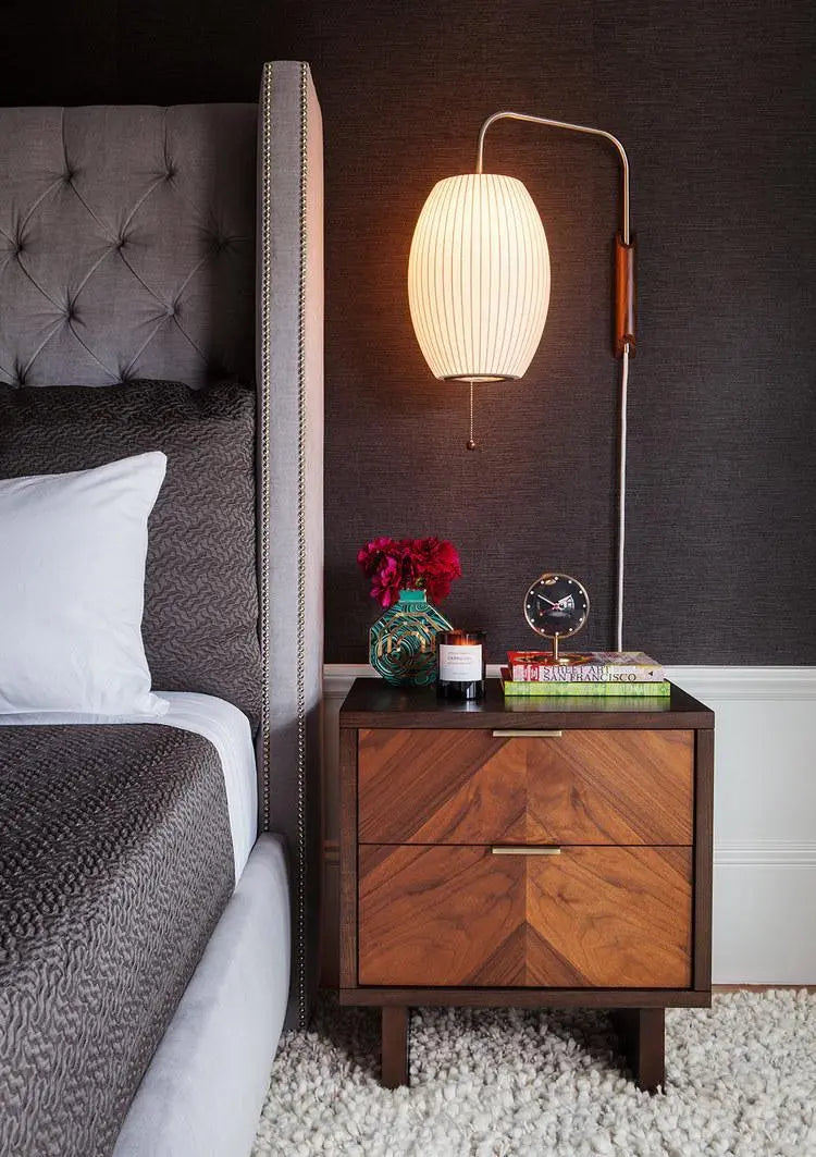 Silk Shade Flying Saucer Wall Sconce — Mid-Century Modern LED Wall Lamp with Swing Arm for Bedroom, Living Room, Study and Reading Nook, Walnut and Chrome Accent Erbstuk