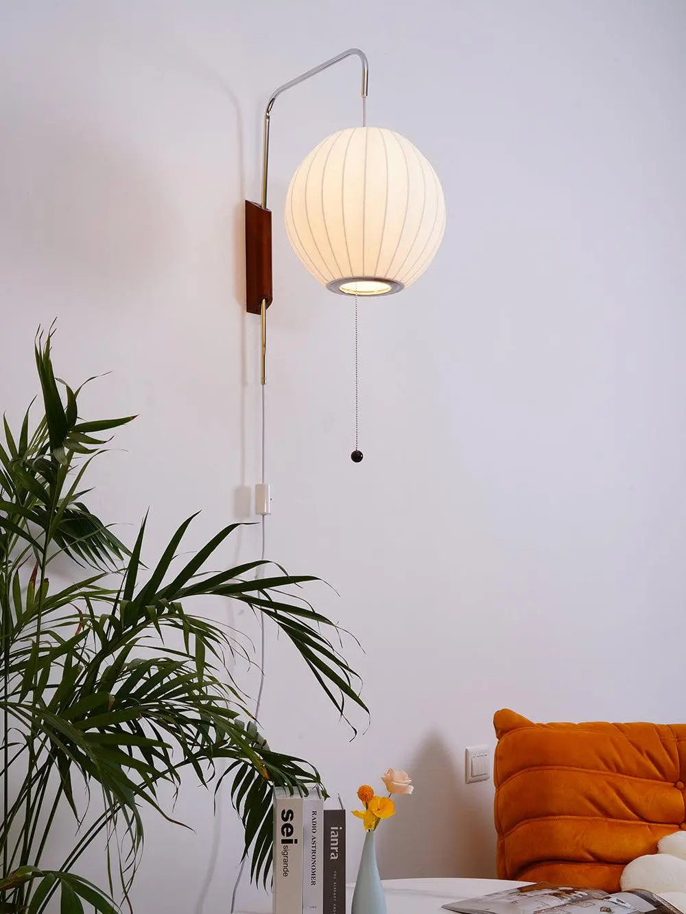 Silk Shade Flying Saucer Wall Sconce — Mid-Century Modern LED Wall Lamp with Swing Arm for Bedroom, Living Room, Study and Reading Nook, Walnut and Chrome Accent Erbstuk