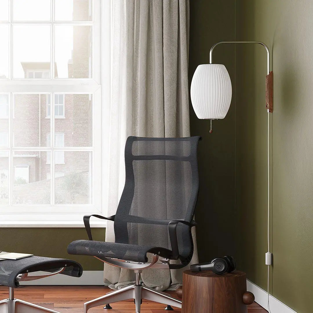Silk Shade Flying Saucer Wall Sconce — Mid-Century Modern LED Wall Lamp with Swing Arm for Bedroom, Living Room, Study and Reading Nook, Walnut and Chrome Accent Erbstuk