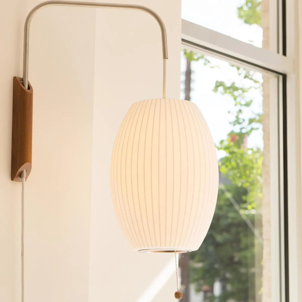 Silk Shade Flying Saucer Wall Sconce — Mid-Century Modern LED Wall Lamp with Swing Arm for Bedroom, Living Room, Study and Reading Nook, Walnut and Chrome Accent Erbstuk
