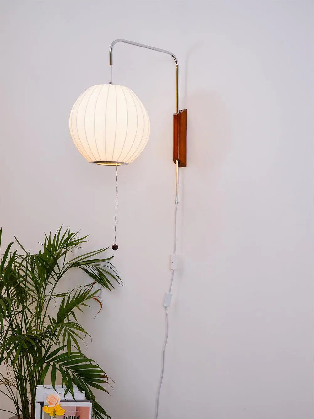 Silk Shade Flying Saucer Wall Sconce — Mid-Century Modern LED Wall Lamp with Swing Arm for Bedroom, Living Room, Study and Reading Nook, Walnut and Chrome Accent Erbstuk