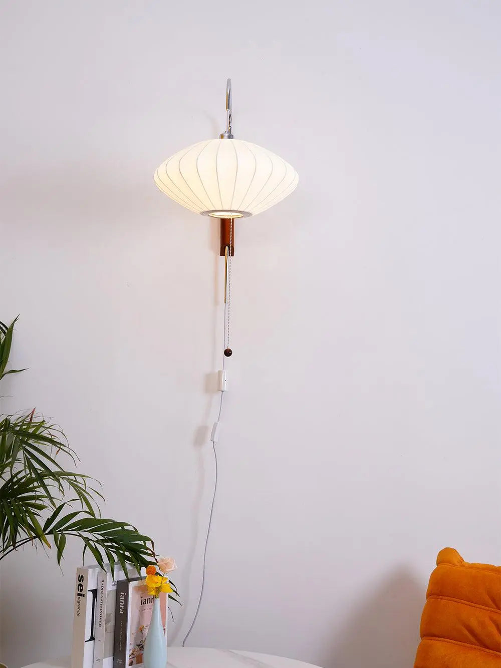 Silk Shade Flying Saucer Wall Sconce — Mid-Century Modern LED Wall Lamp with Swing Arm for Bedroom, Living Room, Study and Reading Nook, Walnut and Chrome Accent Erbstuk