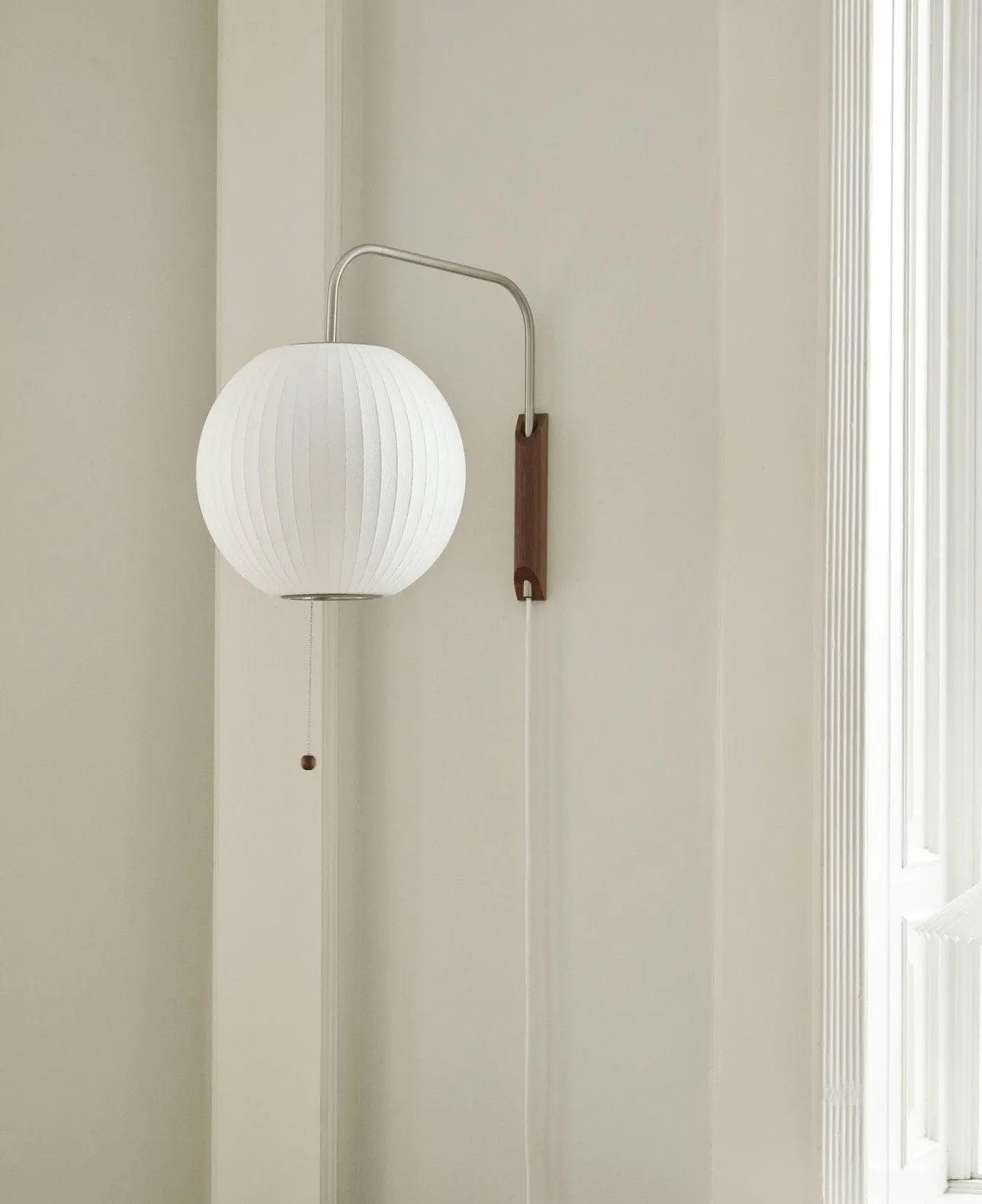 Silk Shade Flying Saucer Wall Sconce — Mid-Century Modern LED Wall Lamp with Swing Arm for Bedroom, Living Room, Study and Reading Nook, Walnut and Chrome Accent Erbstuk