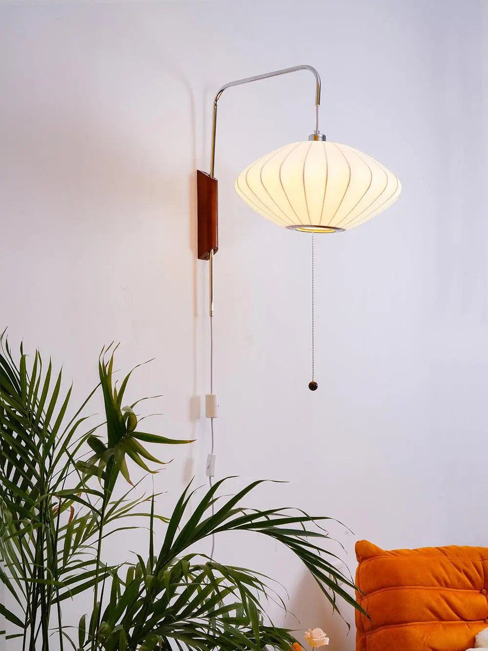 Silk Shade Flying Saucer Wall Sconce — Mid-Century Modern LED Wall Lamp with Swing Arm for Bedroom, Living Room, Study and Reading Nook, Walnut and Chrome Accent Erbstuk