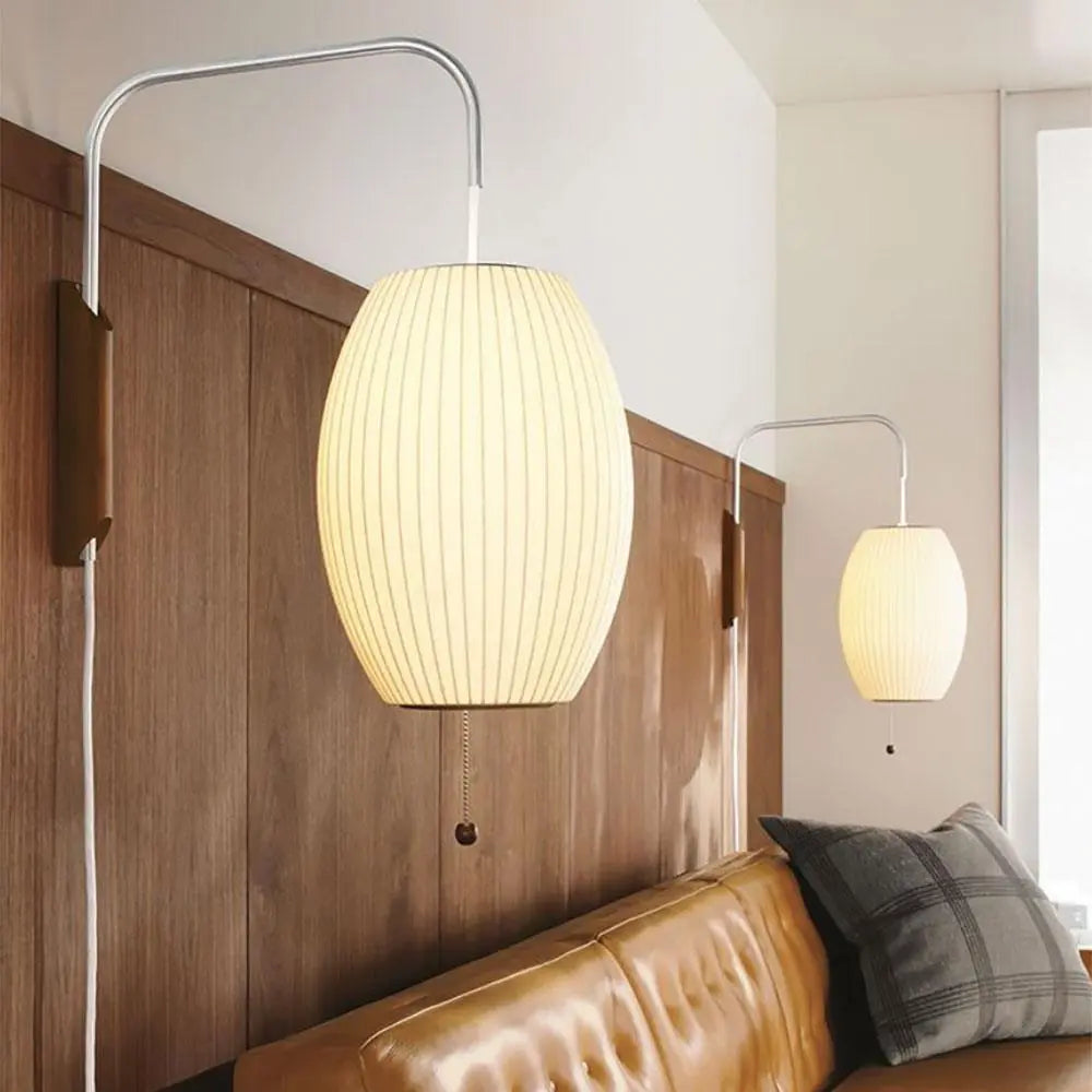 Silk Shade Flying Saucer Wall Sconce — Mid-Century Modern LED Wall Lamp with Swing Arm for Bedroom, Living Room, Study and Reading Nook, Walnut and Chrome Accent Erbstuk