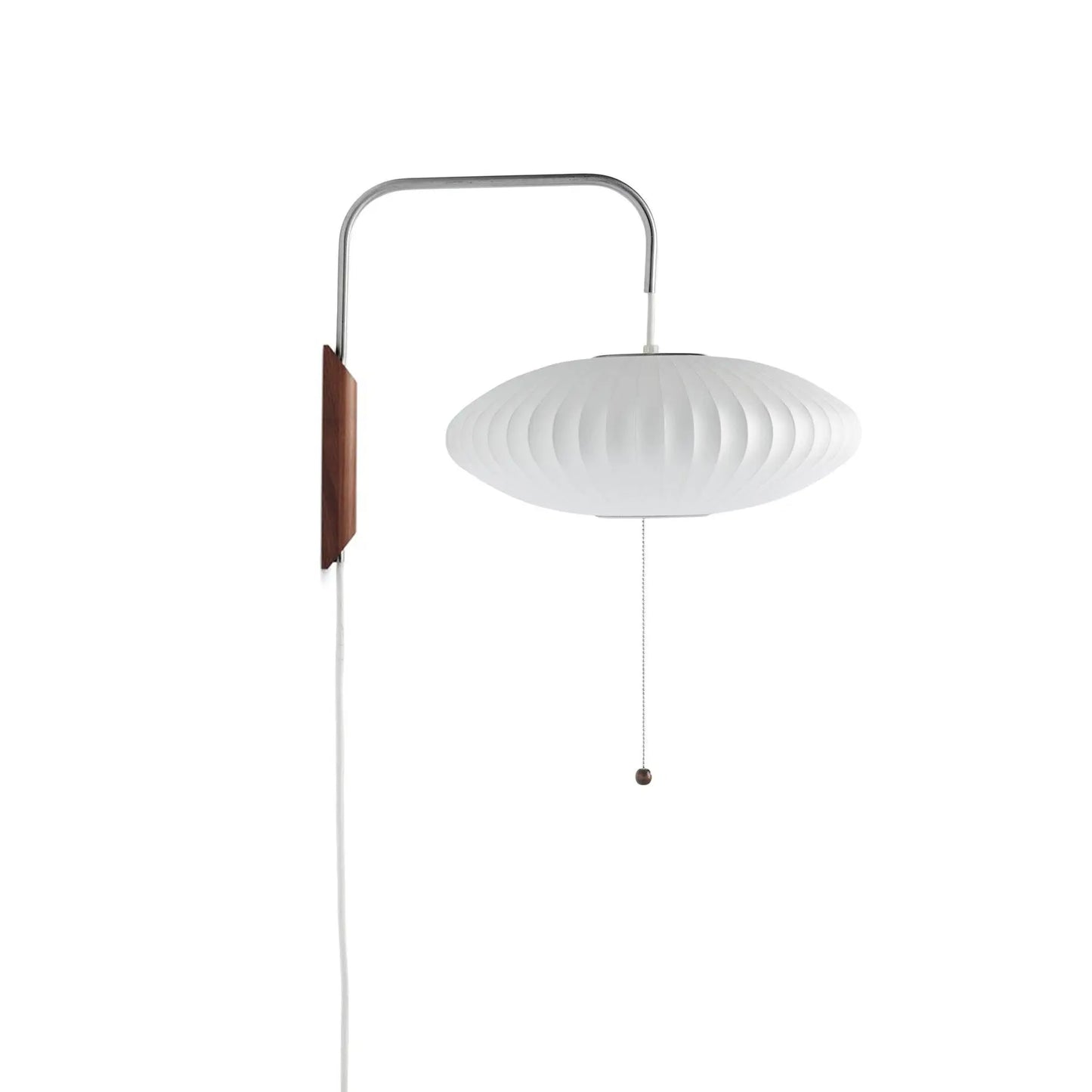 Silk Shade Flying Saucer Wall Sconce — Mid-Century Modern LED Wall Lamp with Swing Arm for Bedroom, Living Room, Study and Reading Nook, Walnut and Chrome Accent Erbstuk