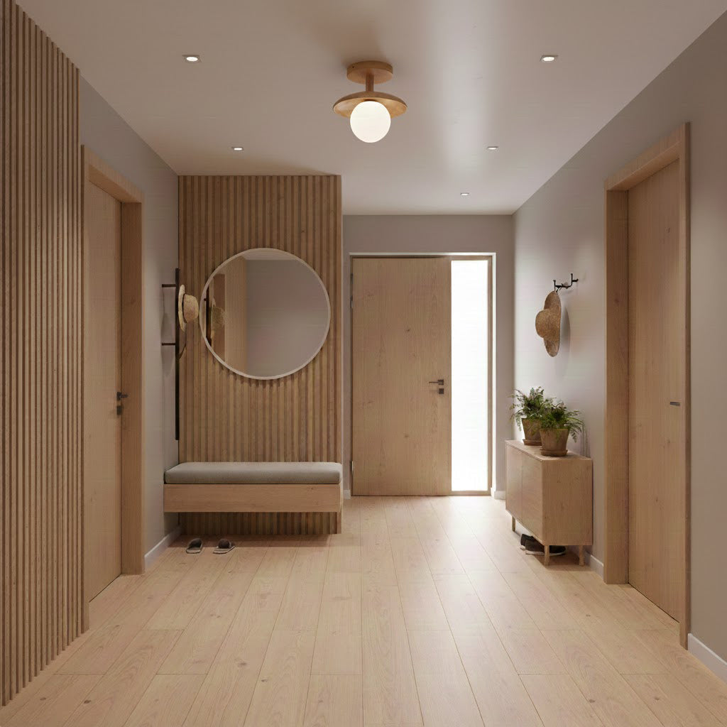 Ash Wood & Glass Slim Flush Mount Ceiling Light