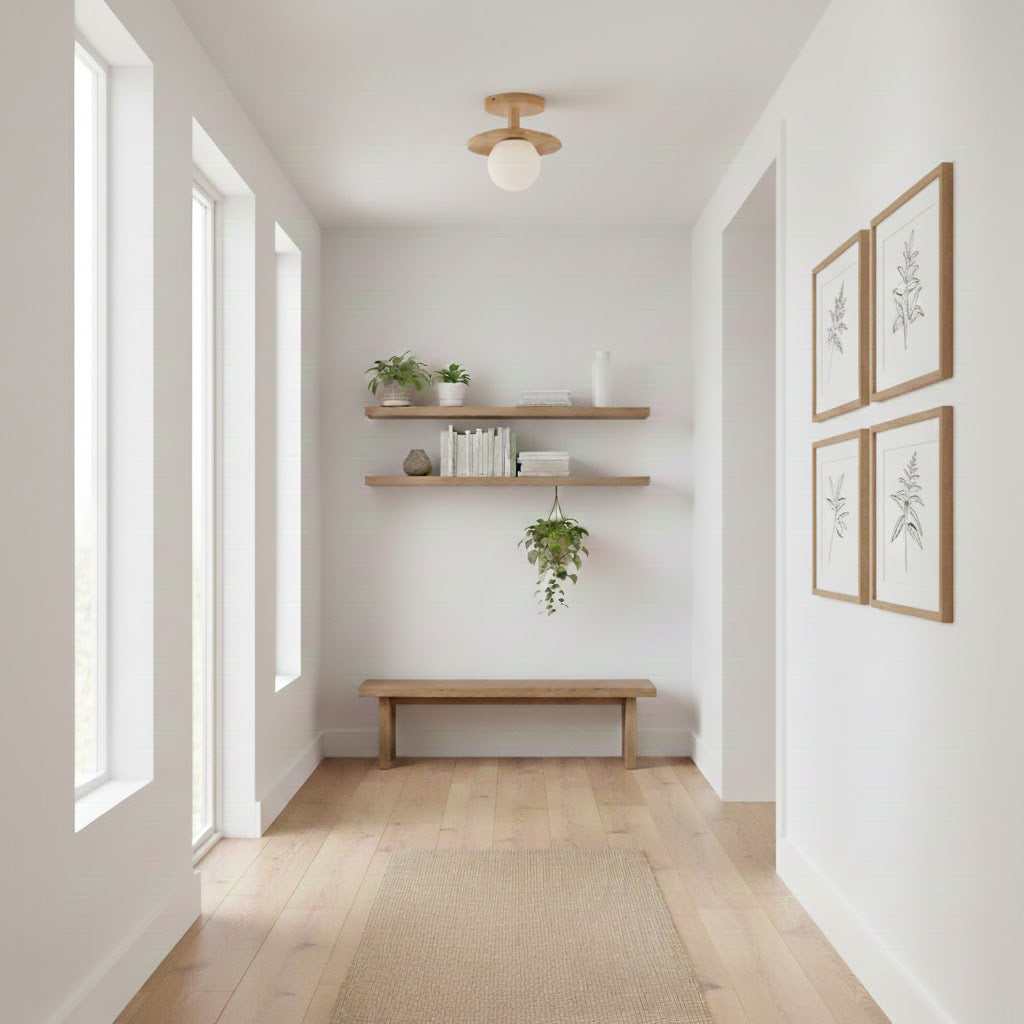 Ash Wood & Glass Slim Flush Mount Ceiling Light