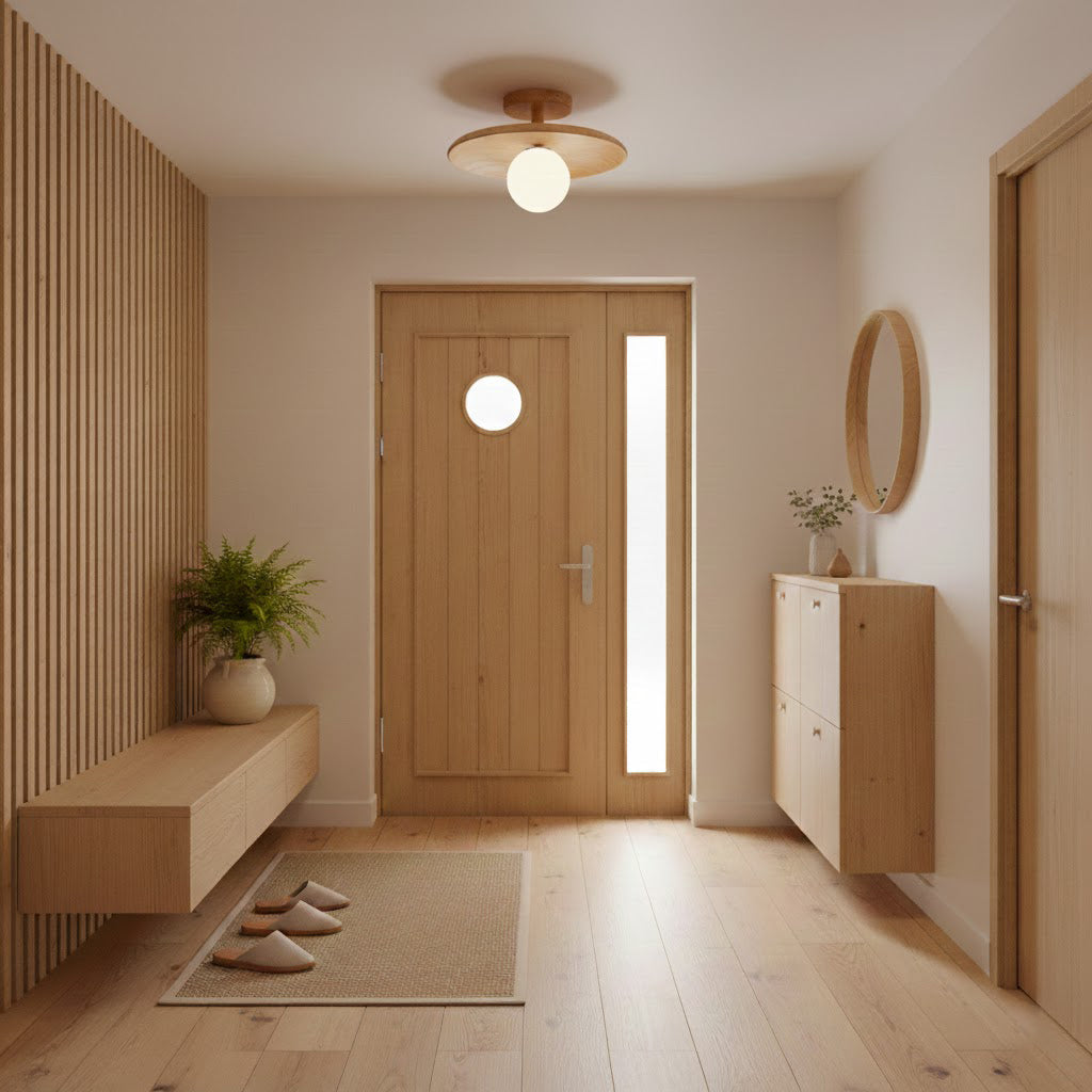 Ash Wood & Glass Slim Flush Mount Ceiling Light