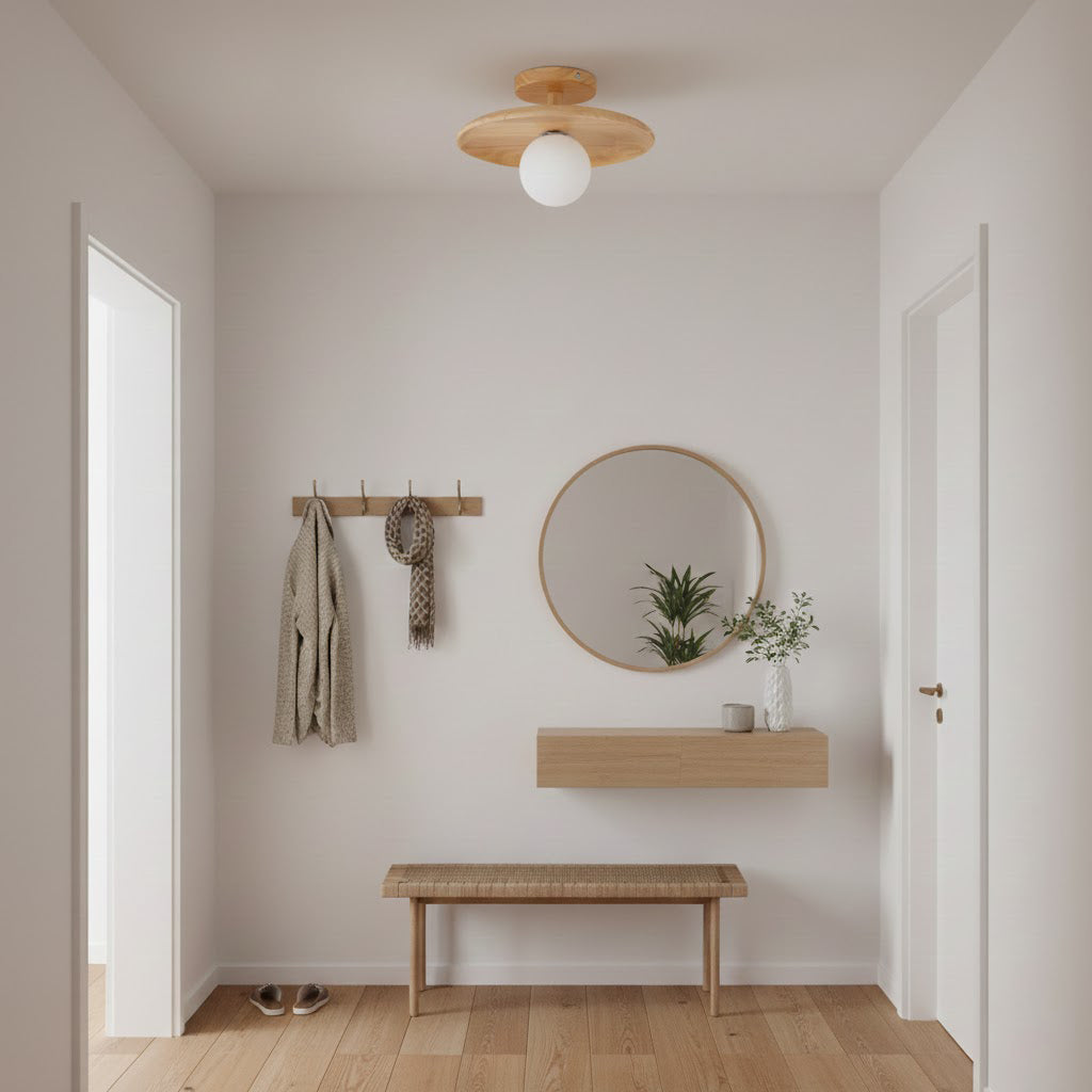 Ash Wood & Glass Slim Flush Mount Ceiling Light