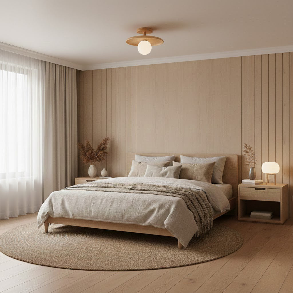 Ash Wood & Glass Slim Flush Mount Ceiling Light