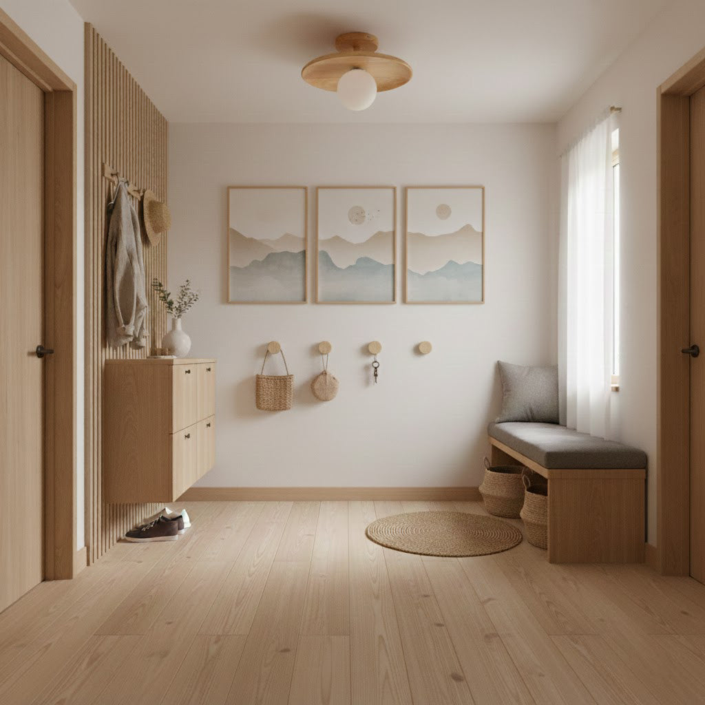 Ash Wood & Glass Slim Flush Mount Ceiling Light