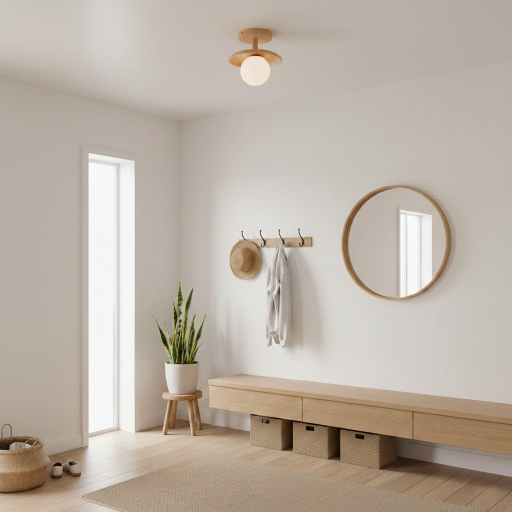Ash Wood & Glass Slim Flush Mount Ceiling Light