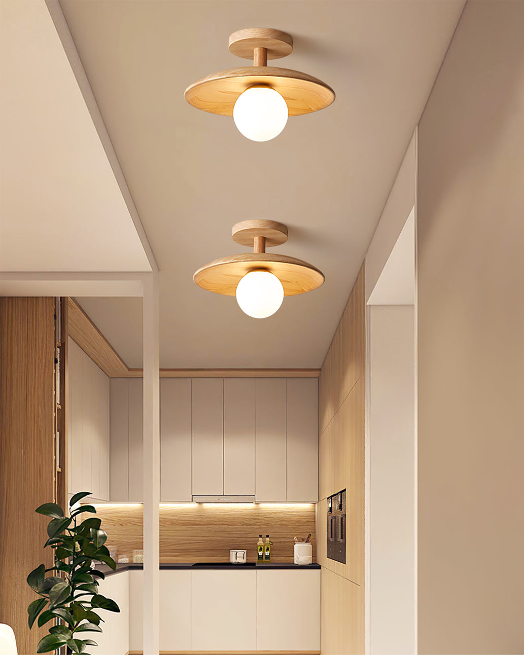 Ash Wood & Glass Slim Flush Mount Ceiling Light