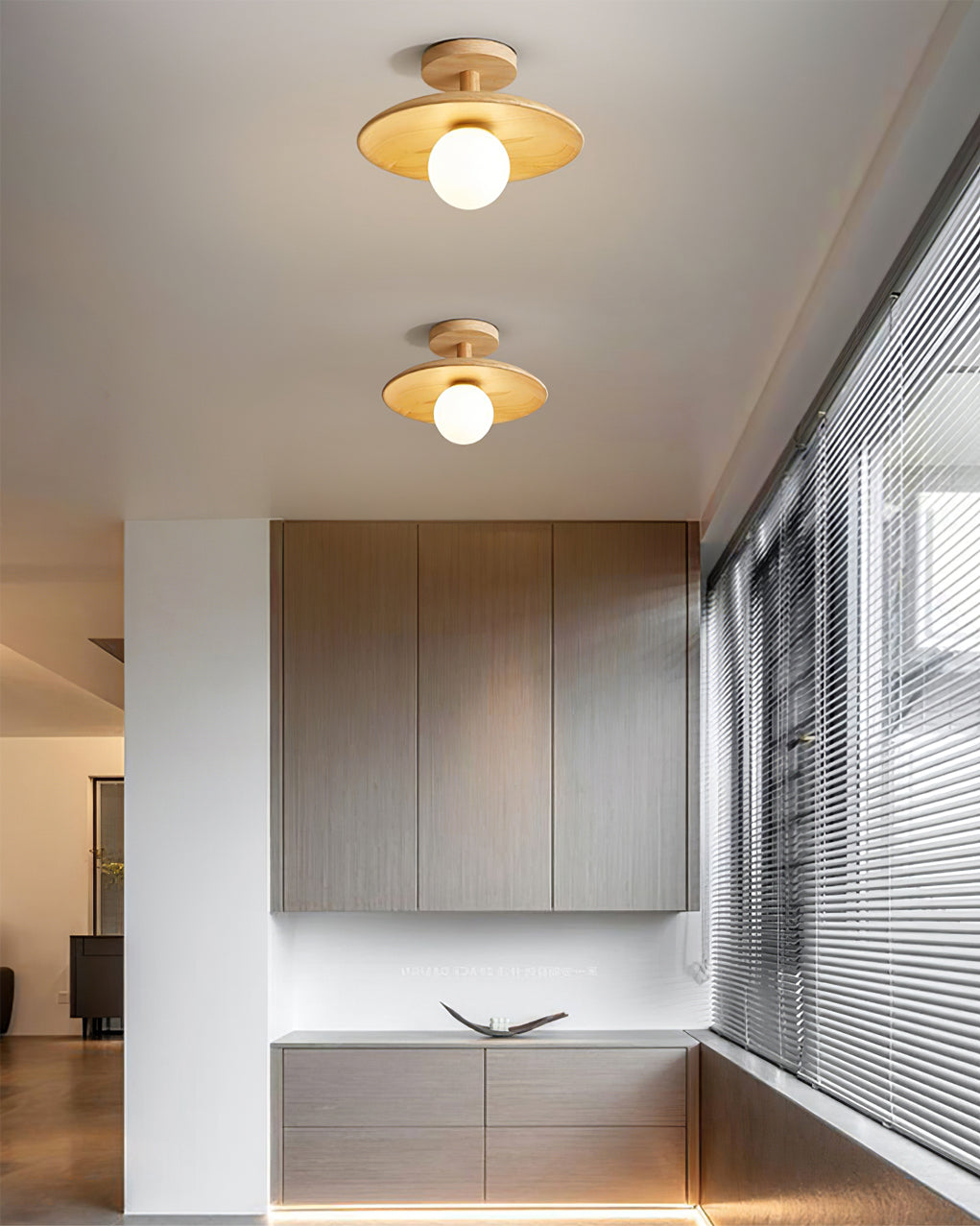 Ash Wood & Glass Slim Flush Mount Ceiling Light