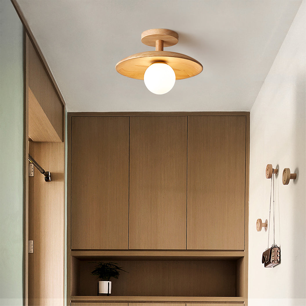 Ash Wood & Glass Slim Flush Mount Ceiling Light