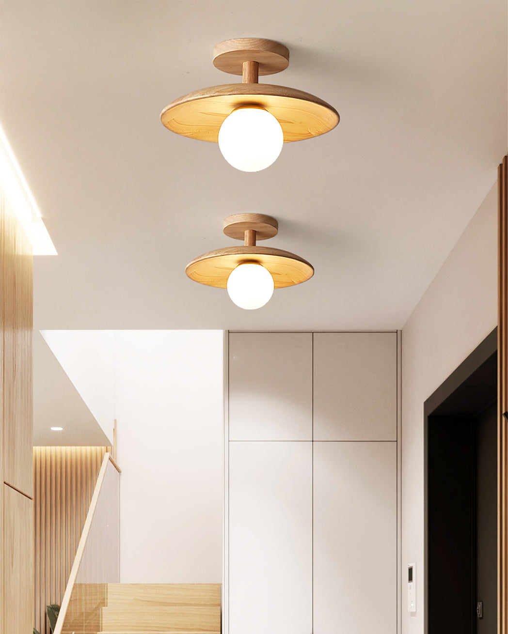 Ash Wood & Glass Slim Flush Mount Ceiling Light
