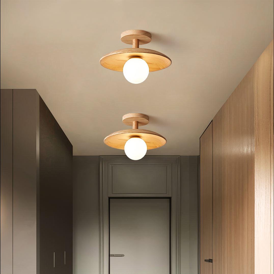 Ash Wood & Glass Slim Flush Mount Ceiling Light