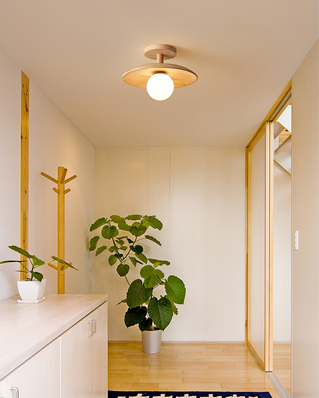 Ash Wood & Glass Slim Flush Mount Ceiling Light