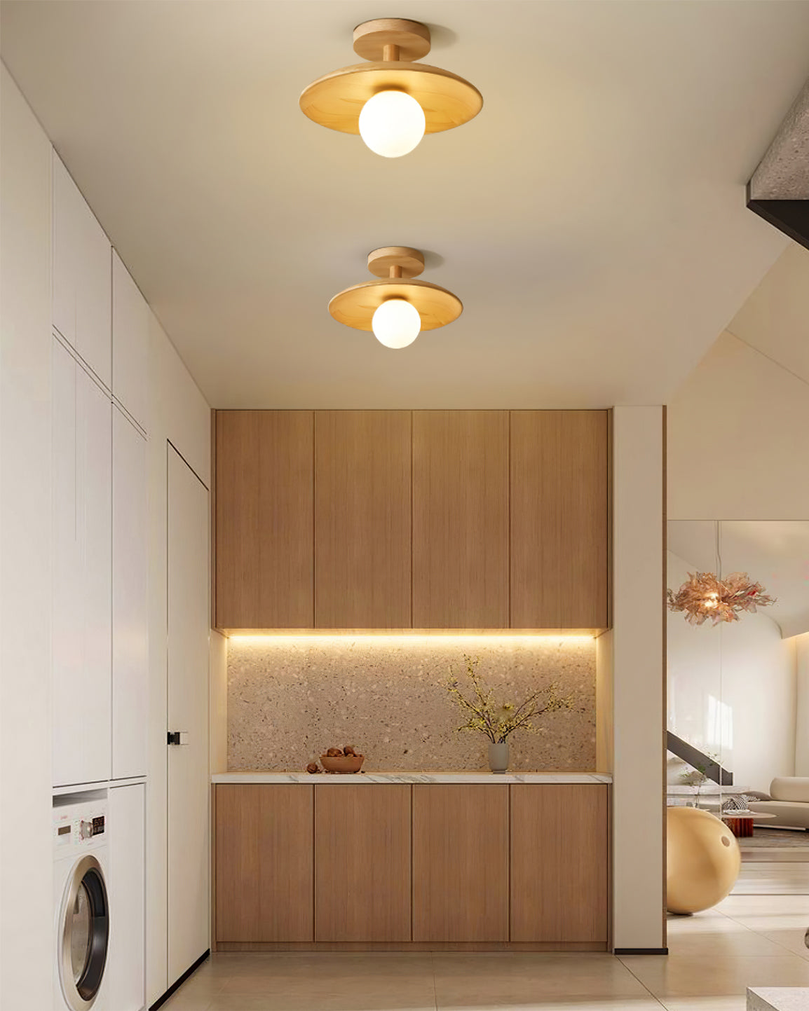 Ash Wood & Glass Slim Flush Mount Ceiling Light