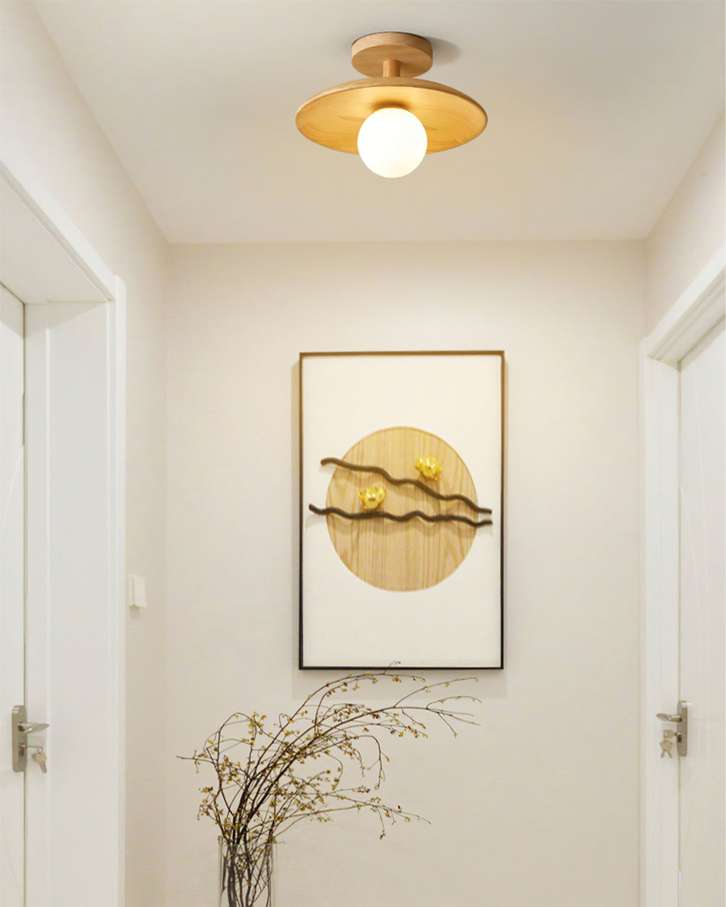 Ash Wood & Glass Slim Flush Mount Ceiling Light