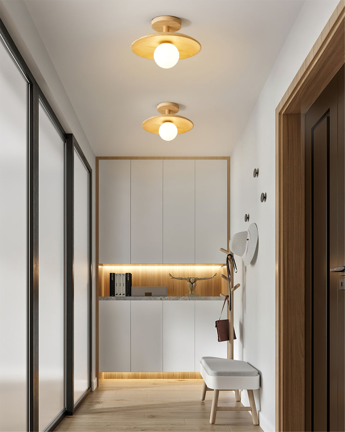 Ash Wood & Glass Slim Flush Mount Ceiling Light