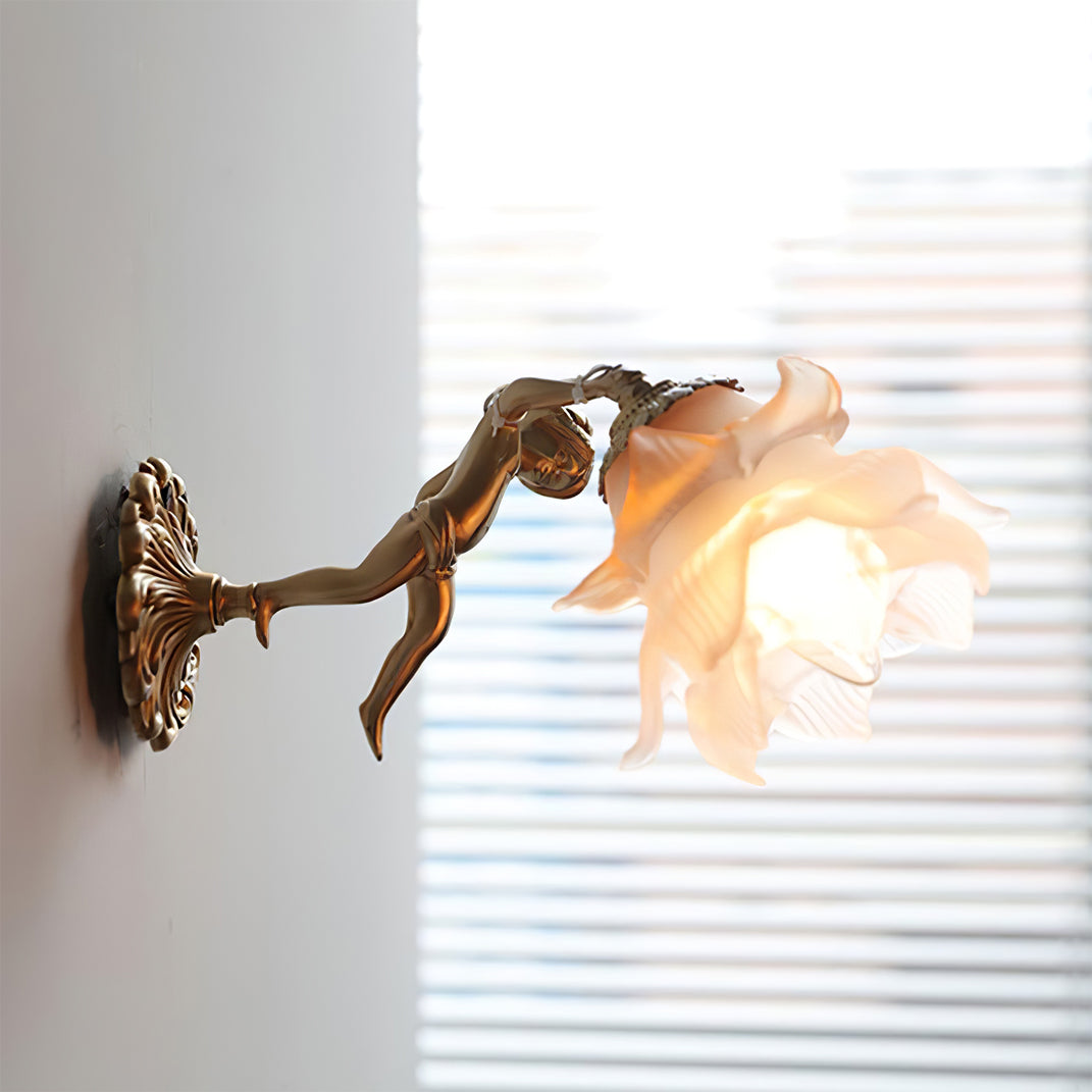 Cherub Brass and Glass Wall Sconce