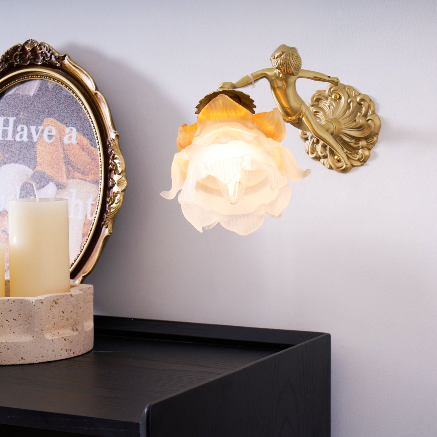 Cherub Brass and Glass Wall Sconce