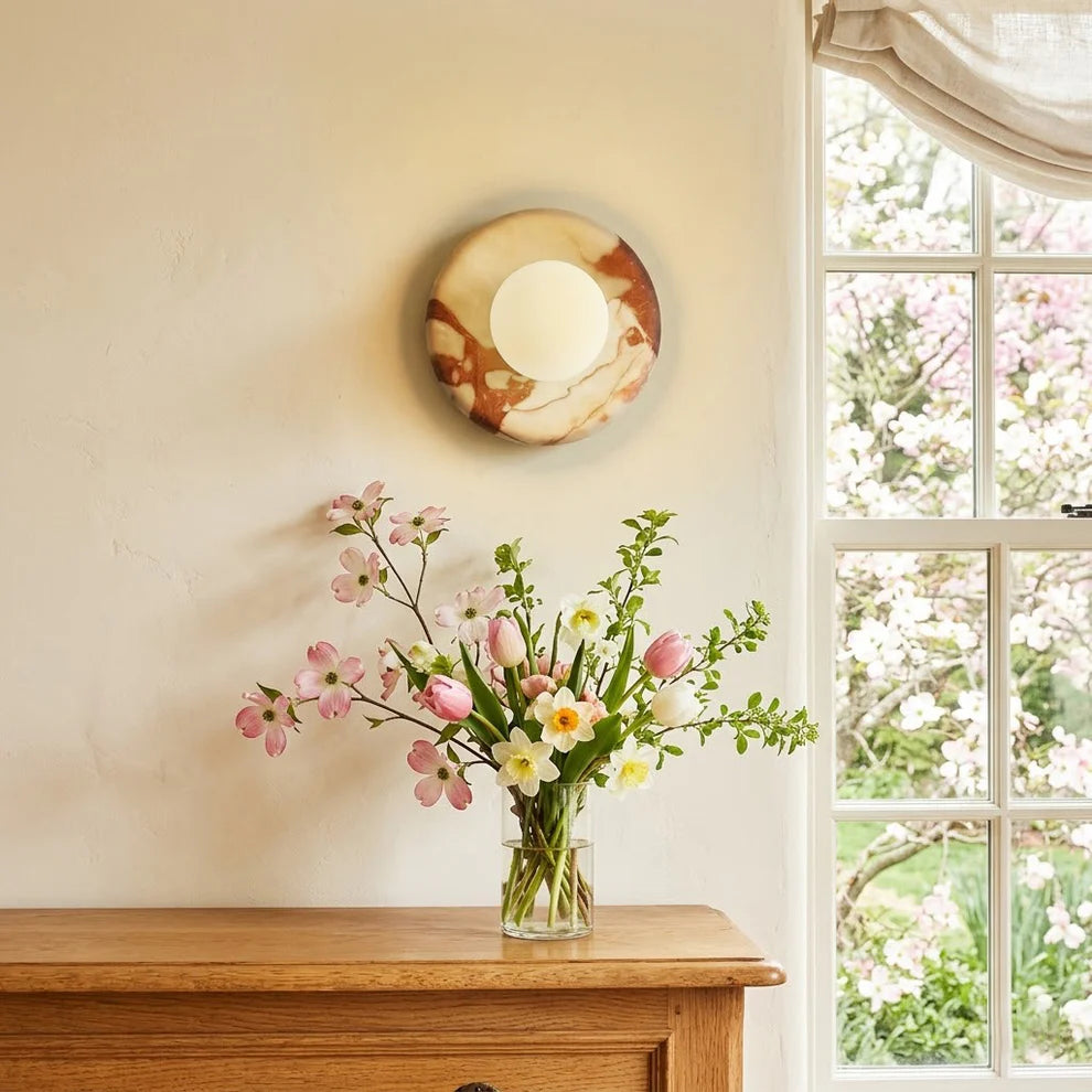 Strata Wall Sconce — Natural Stone Sconce with Frosted Glass Globe