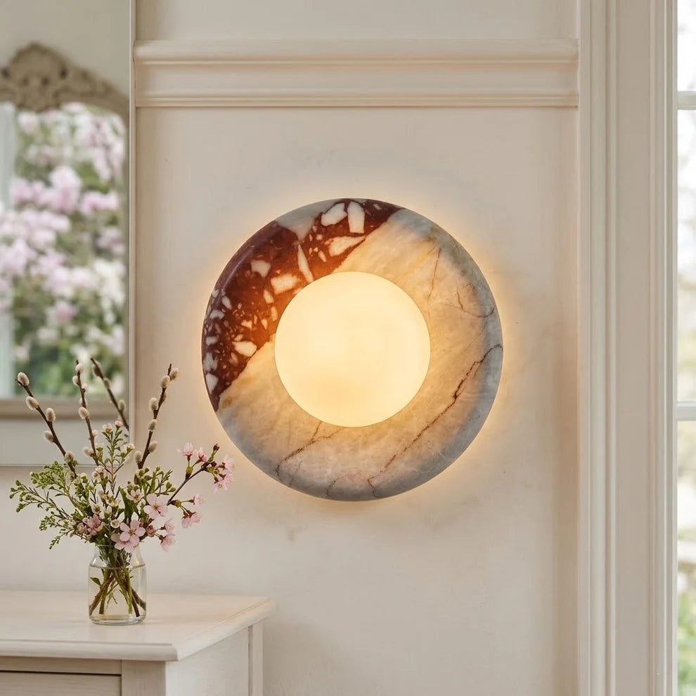 Strata Wall Sconce — Natural Stone Sconce with Frosted Glass Globe