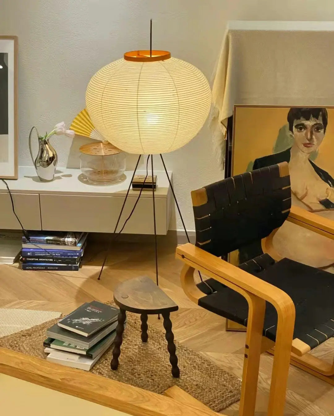 Rice Paper Lantern Floor Lamp — Sculptural Tripod Ambient Light for Living Room, Bedroom, Study and Reading Corner, Soft-Glow Paper Shade Floor Lamp Erbstuk