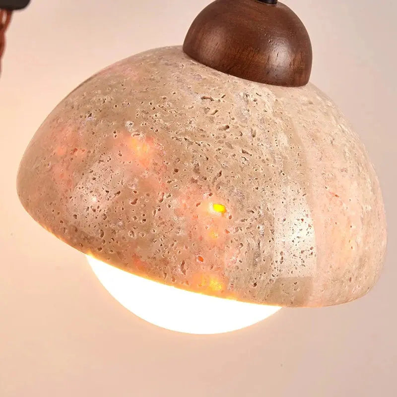 Travertine Dome Swing Arm Wall Sconce — Curved Wood Arm Pendant-Style Wall Light with Pull Chain for Bedroom, Living Room, Foyer and Study Erbstuk