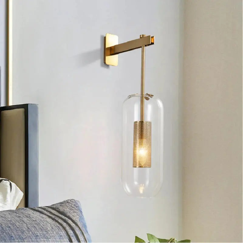 Brass & Black Bent-Arm Glass Wall Sconce — Clear or Smoked Glass Cylinder Shade, Modern E27 Wall Light for Bedrooms, Bathrooms & Hallways, Also Available as a 120cm Vertical Rail Light Erbstuk